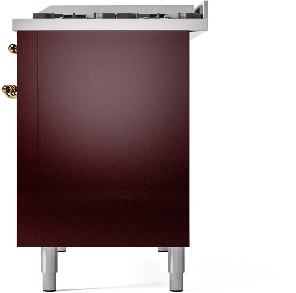 Freestanding range base panel, burgundy finish with brass knobs