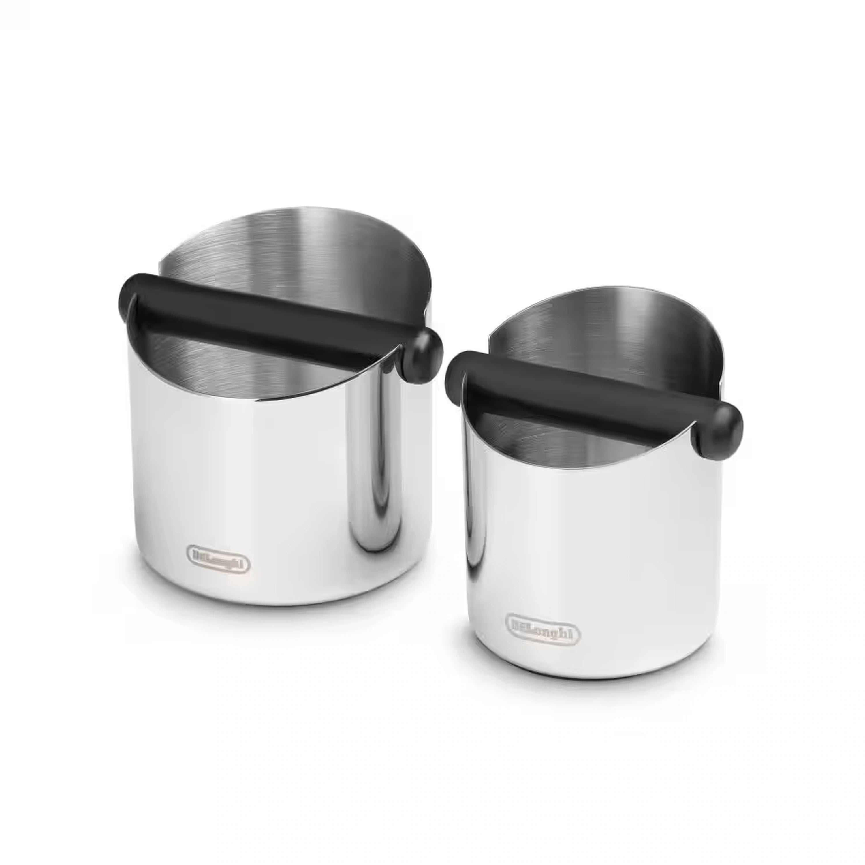 Two stainless steel coffee knock boxes with black handles, brushed metal finish