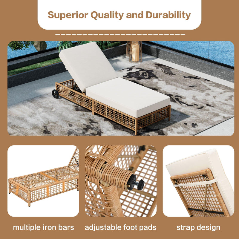 Parrot Uncle Outdoor Lounge Chair, Patio Chaise Lounge with 5-Position Backrest, Rattan Outdoor Lounge Chair with Cushion and Wheels for Poolside, Backyard, Garden