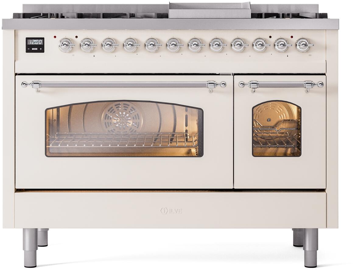 Freestanding dual fuel range with two oven sections and chrome control knobs