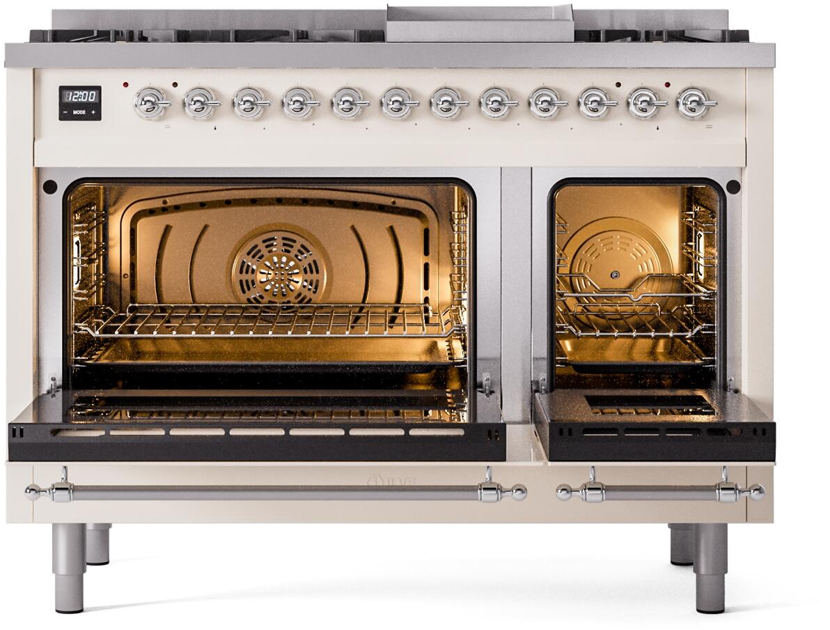 Antique white dual fuel range with both ovens open, chrome handles and interior racks