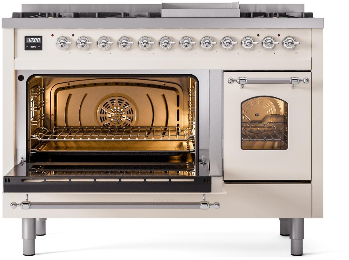 Freestanding dual fuel range with left oven open and right door closed, chrome controls
