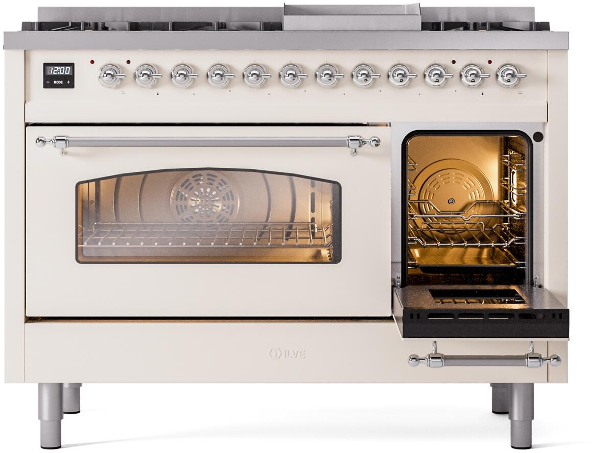 Freestanding dual fuel range with right oven open and left oven door with glass window