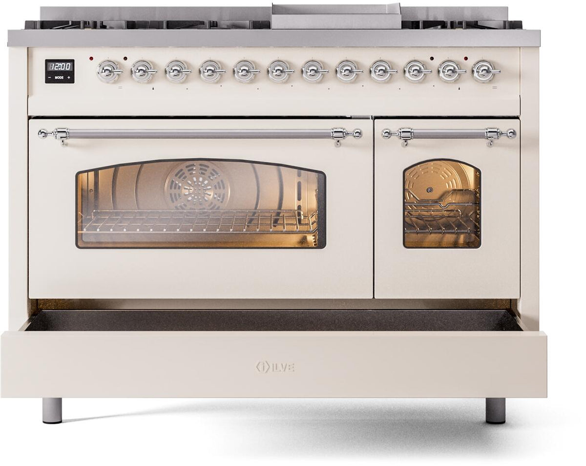 Freestanding dual fuel range with chrome knobs and two oven doors with glass windows