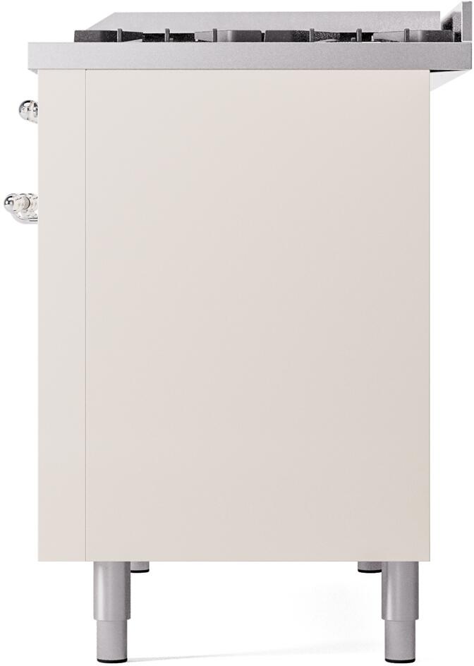 Freestanding dual fuel range base in antique white with chrome-trimmed feet