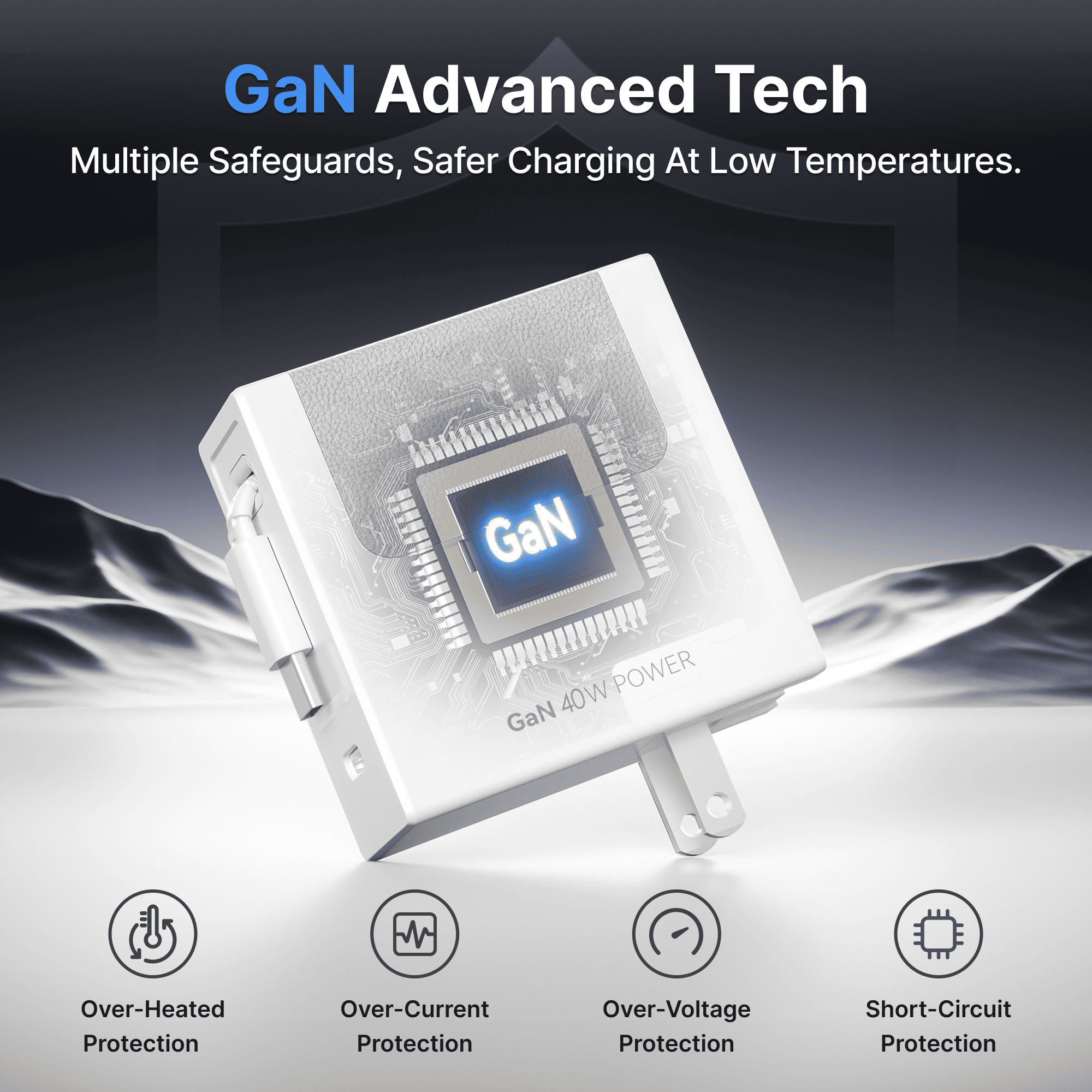 White GaN 40W retractable charger with safety-focused design