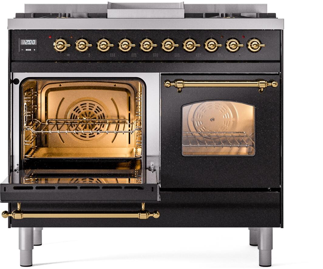 Dual fuel range with one oven door open and the other closed, glossy black with brass trim