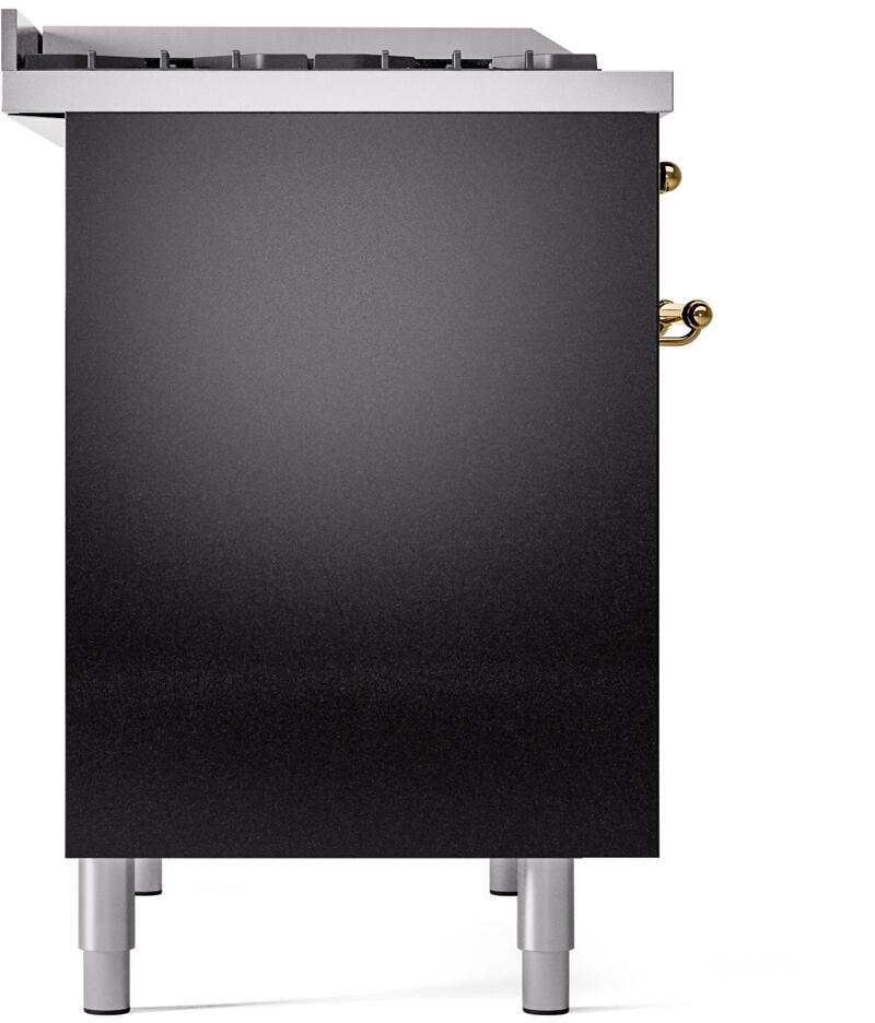 Black freestanding range side panel with brass handle detail and leveling feet.