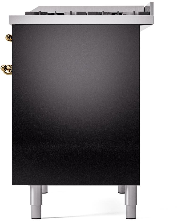 Black freestanding range side panel with brass side handle detail and leveling feet.