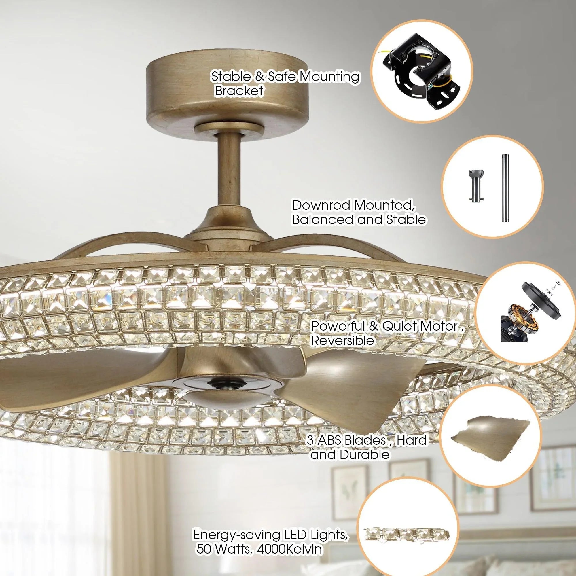 Golden 33-inch ceiling fan with crystal light ring, three ABS blades, and downrod mount.