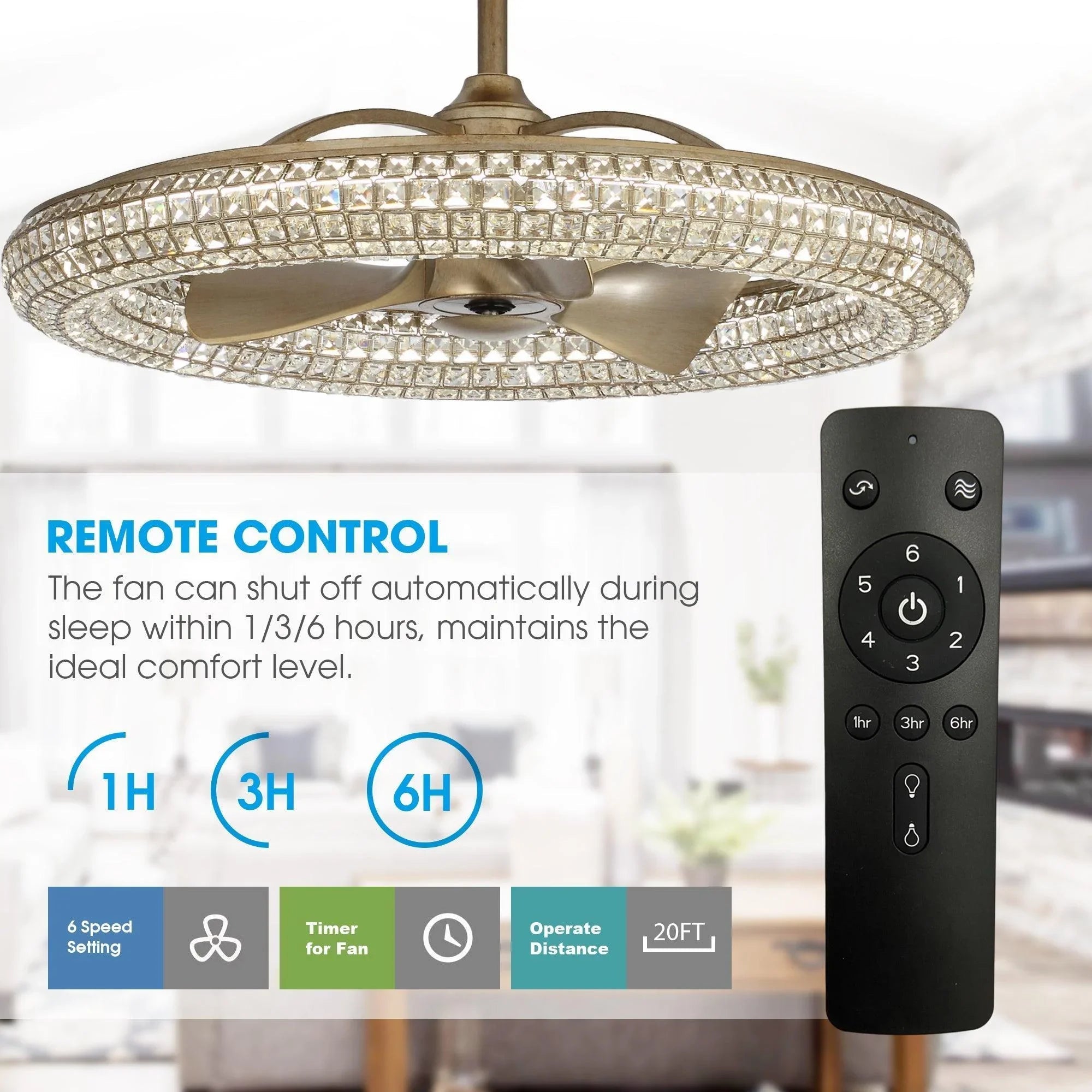 Golden ceiling fan with crystal ring light and three blades, shown with black remote control.