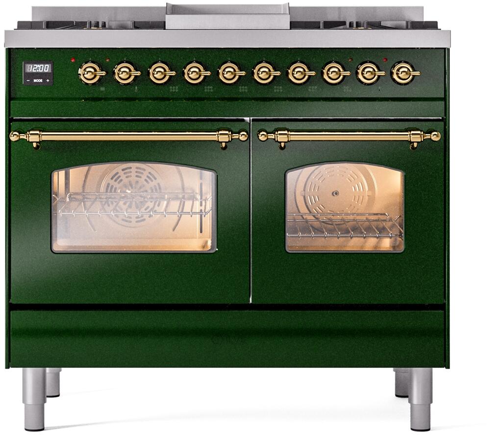 Emerald green dual fuel freestanding range with brass-trimmed front controls and dual ovens