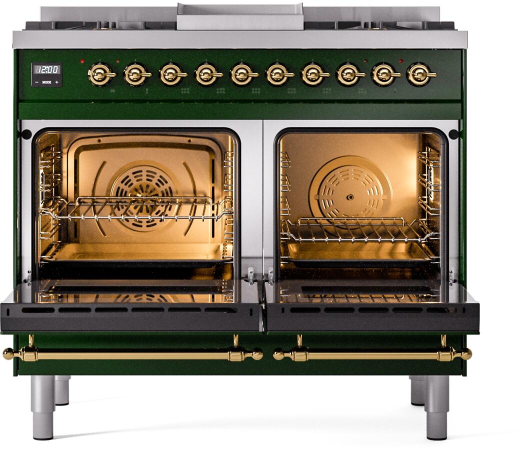 Emerald green freestanding dual fuel range with both oven doors open, brass handle bars