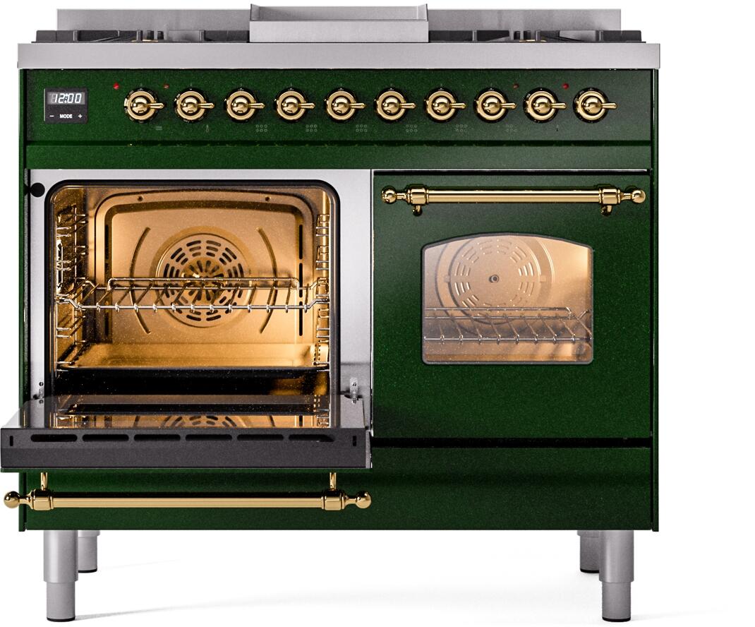 Emerald green dual fuel freestanding range with left oven open and right glass door