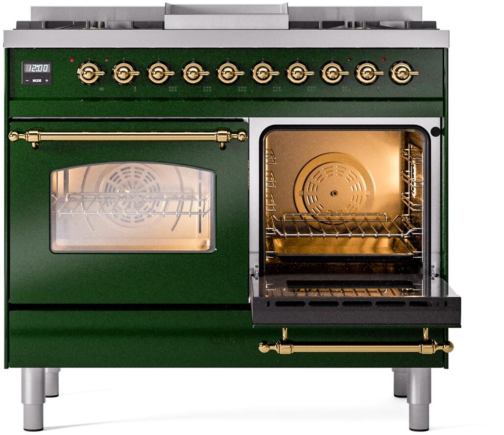 Emerald green dual fuel range with left oven door closed, right oven open, brass bar handle