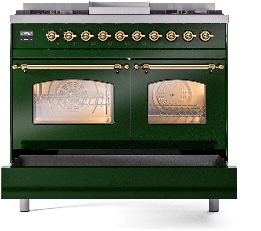 Emerald green dual fuel freestanding range with both ovens closed and brass side trim