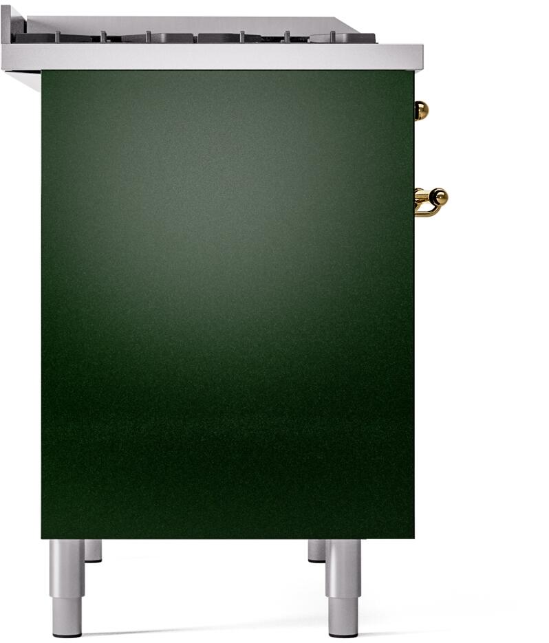 Freestanding dual-fuel gas range side panel in emerald green with brass trim accents