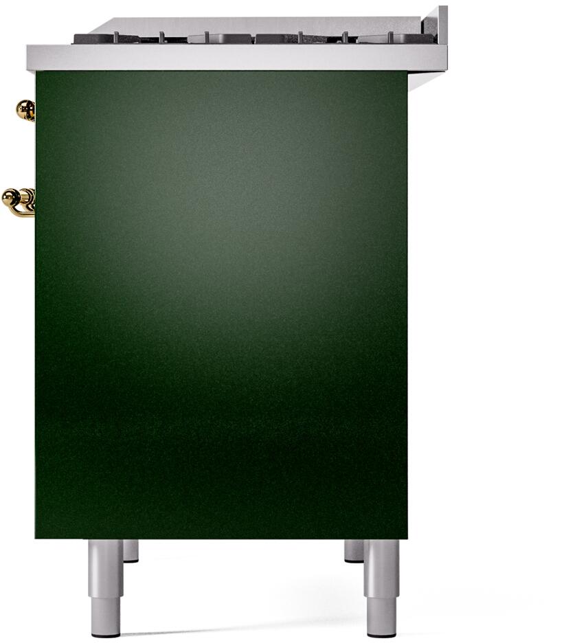 Emerald green freestanding gas range with brass trim, front view and burner knobs