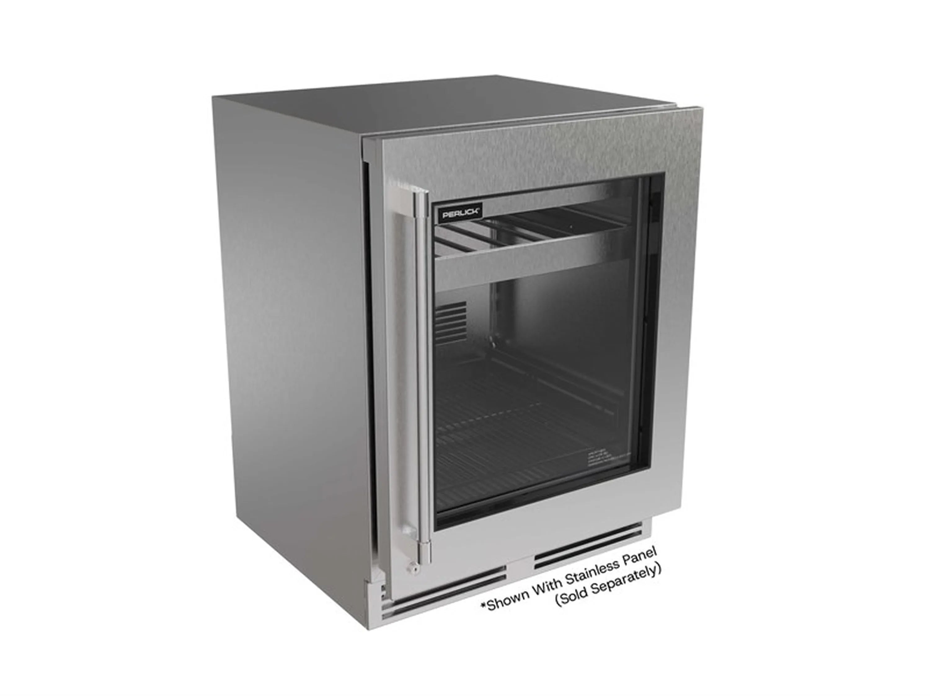 Undercounter beverage center with open stainless door and interior wire shelves