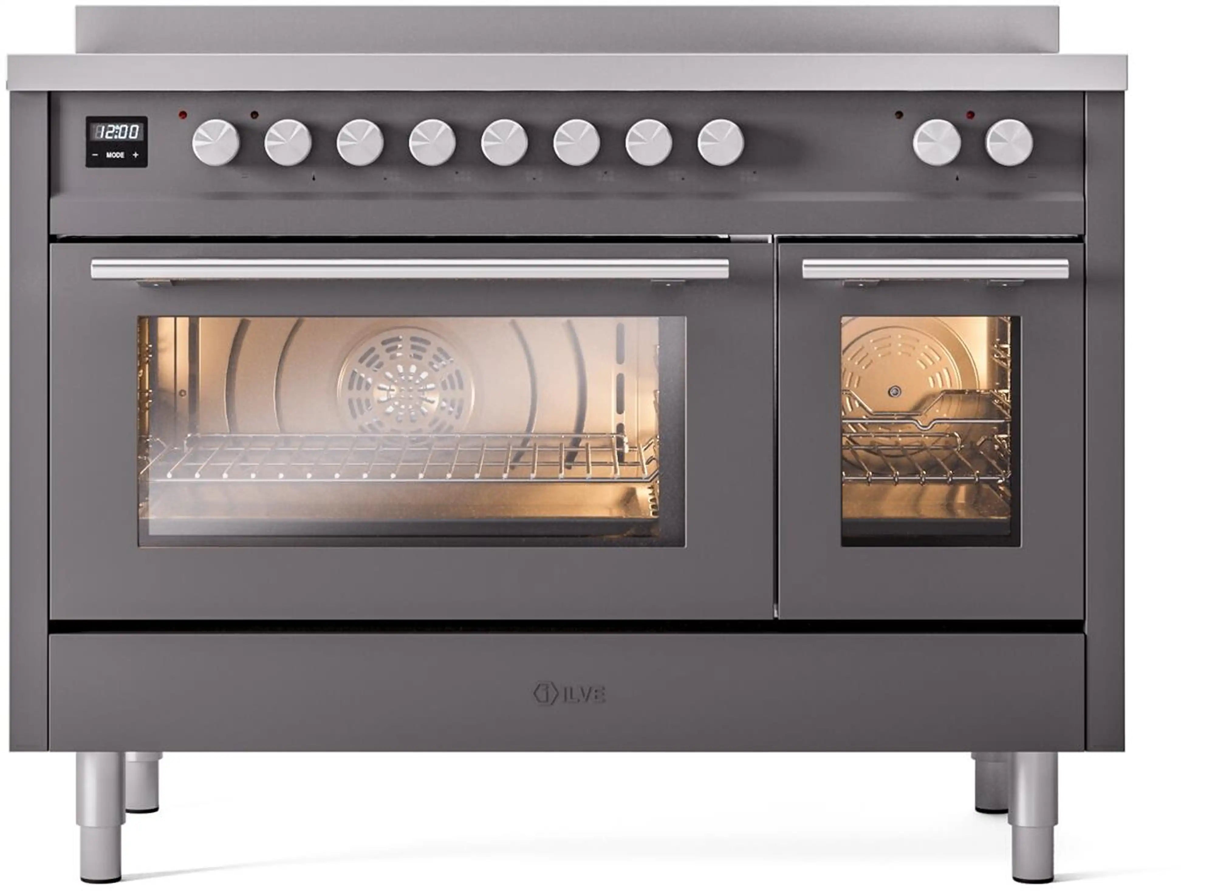 Matte graphite 48-inch induction range front view with two oven doors and top control panel.