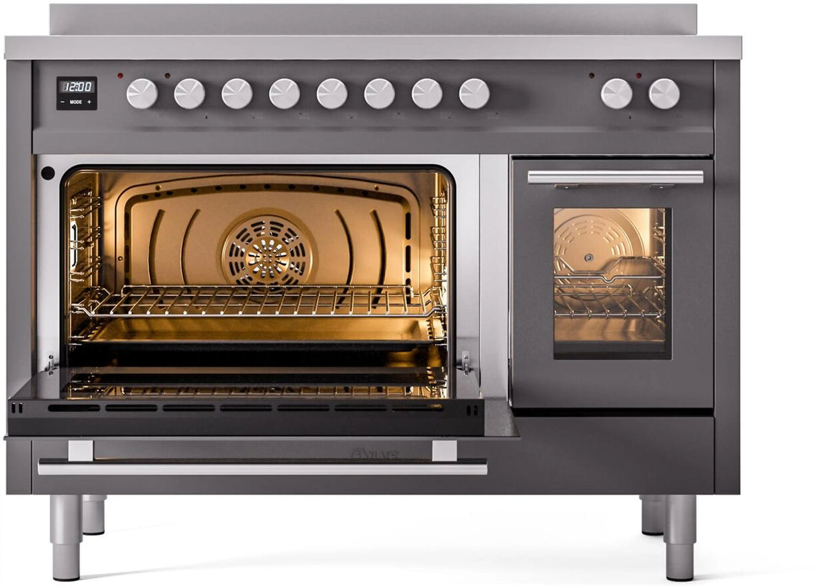 Matte graphite induction range with left and right oven doors open showing interior lighting.