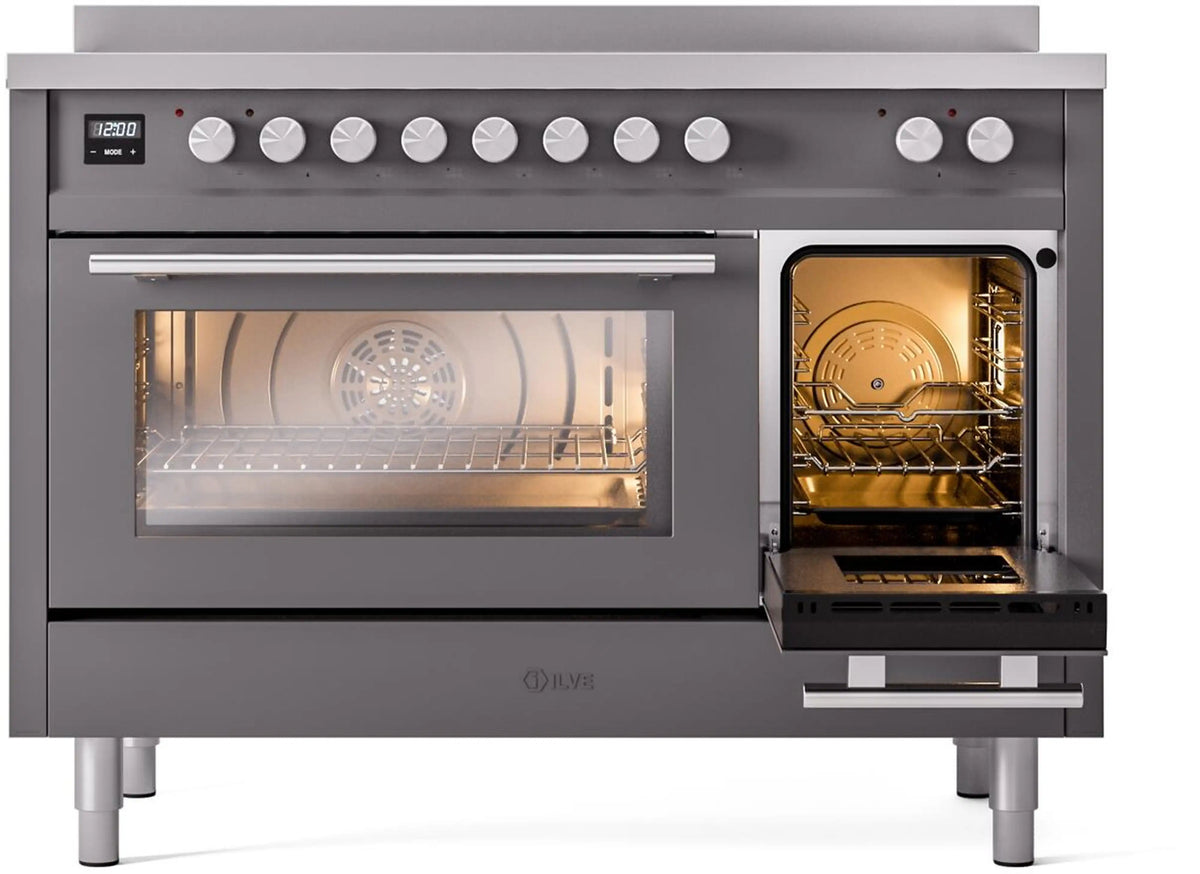 Matte graphite induction range with right oven door open and interior racks visible.