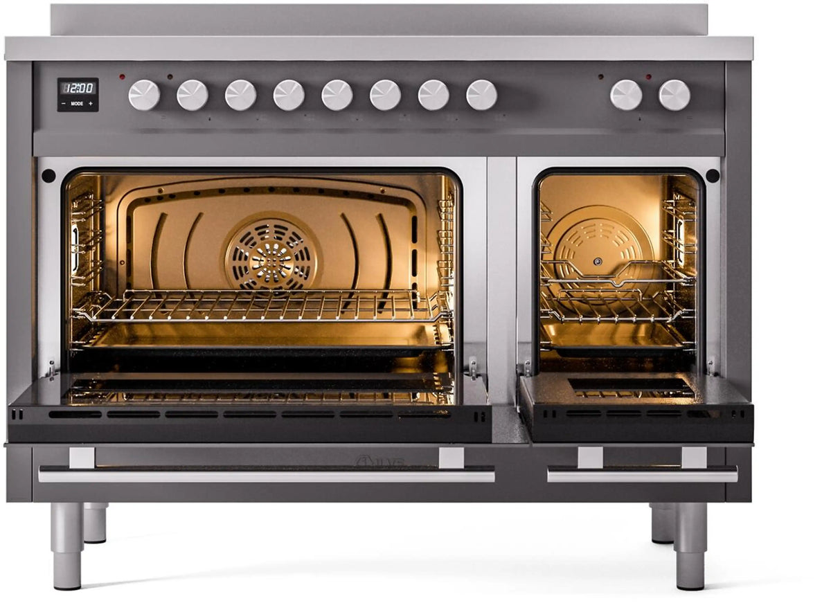 Matte graphite induction range with both oven doors open and illuminated baking interiors.