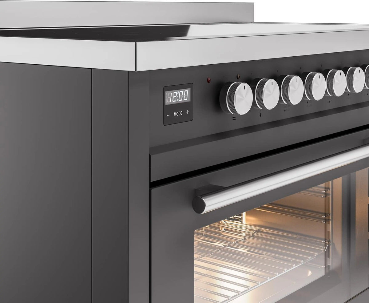 Induction range control panel with digital display and round burner knobs