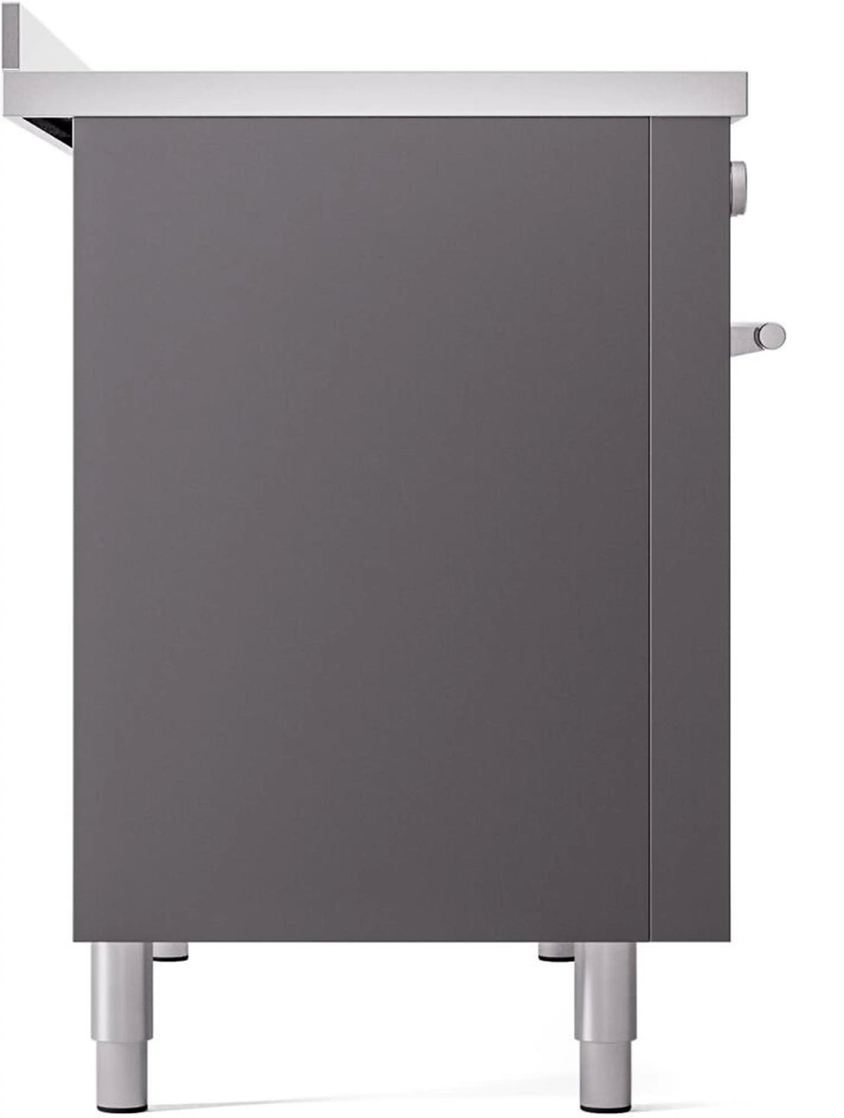 Matte graphite induction range side panel with adjustable leveling feet