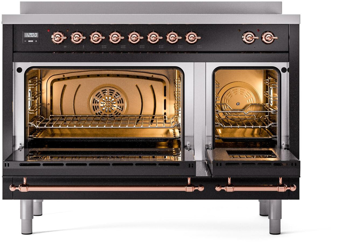 Freestanding induction range with both oven doors open, copper handles, and lit stainless racks