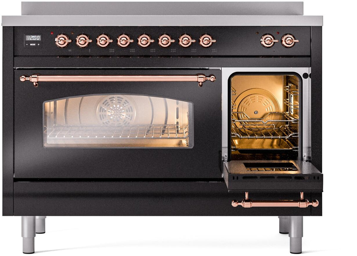 Freestanding induction range with left oven open and right oven window, copper handles and trim