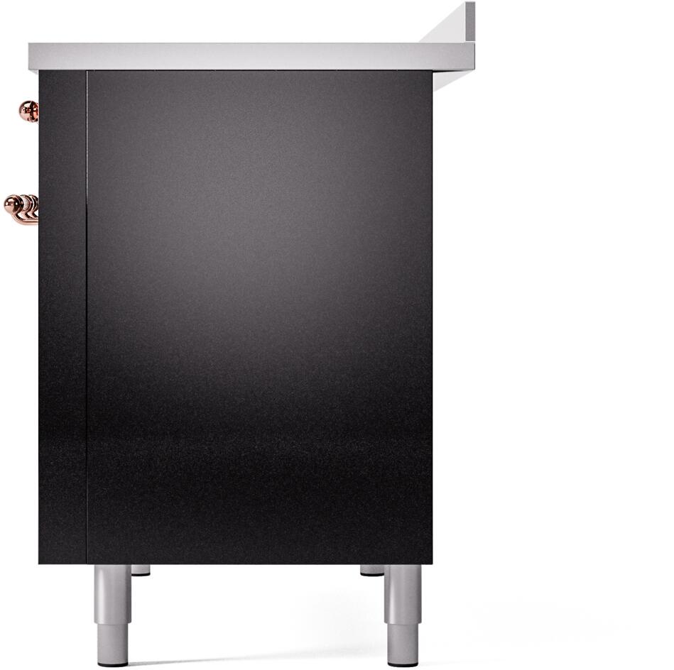 Matte black cabinet side of freestanding induction range with copper handle detail and legs