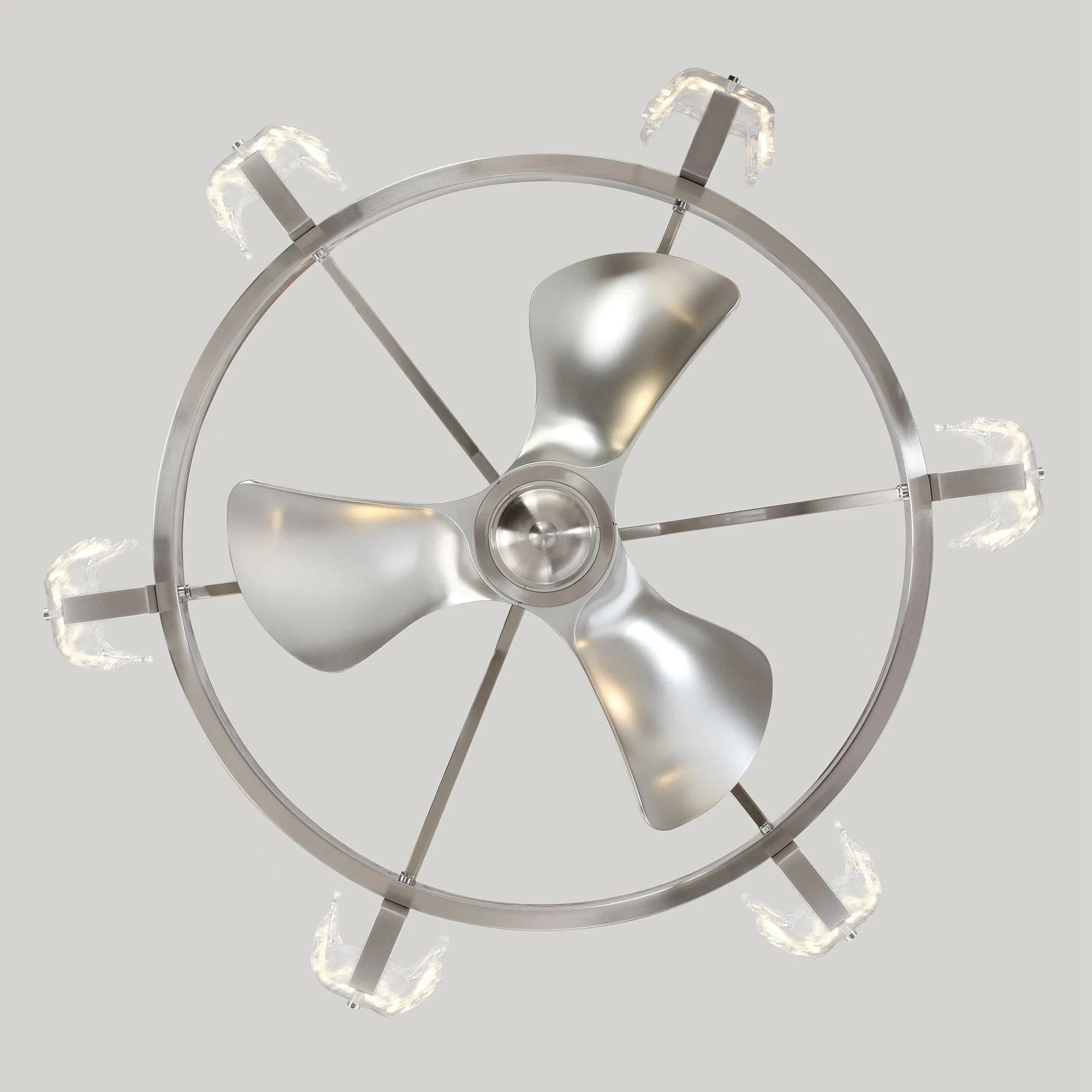 Brushed nickel ceiling fan top view with three curved blades and clear glass lights