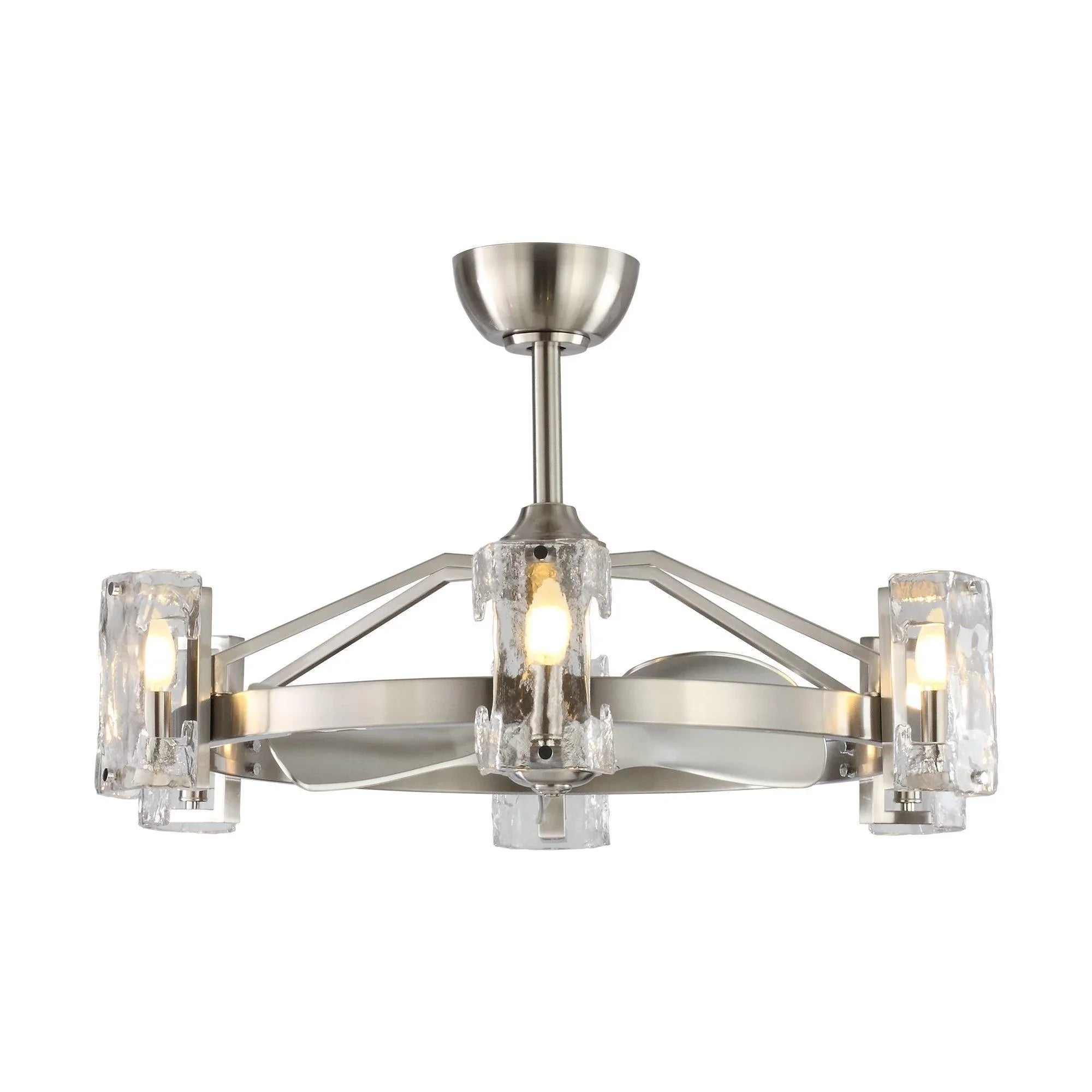 Brushed nickel ceiling fan with three curved blades and clear glass light shades