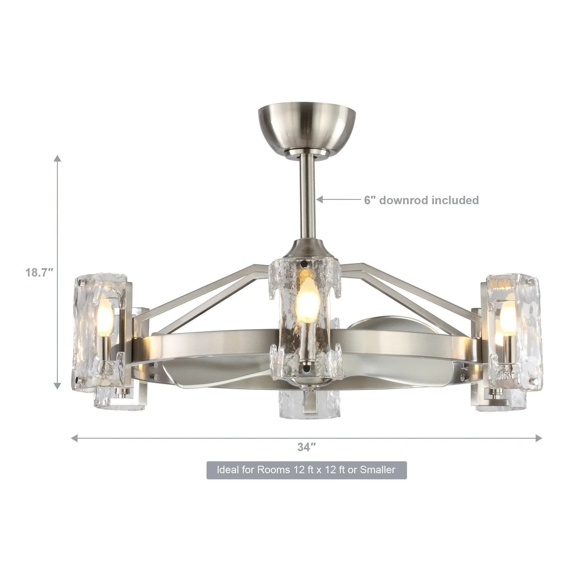 Brushed nickel ceiling fan with clear glass shades, 34 in size, and included downrod
