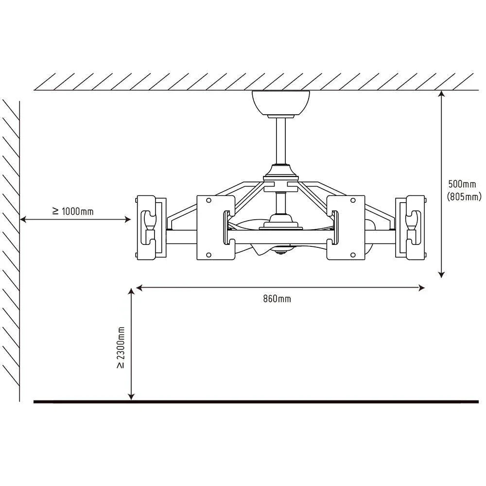Ceiling fan installation diagram showing brushed nickel mount and downrod dimensions