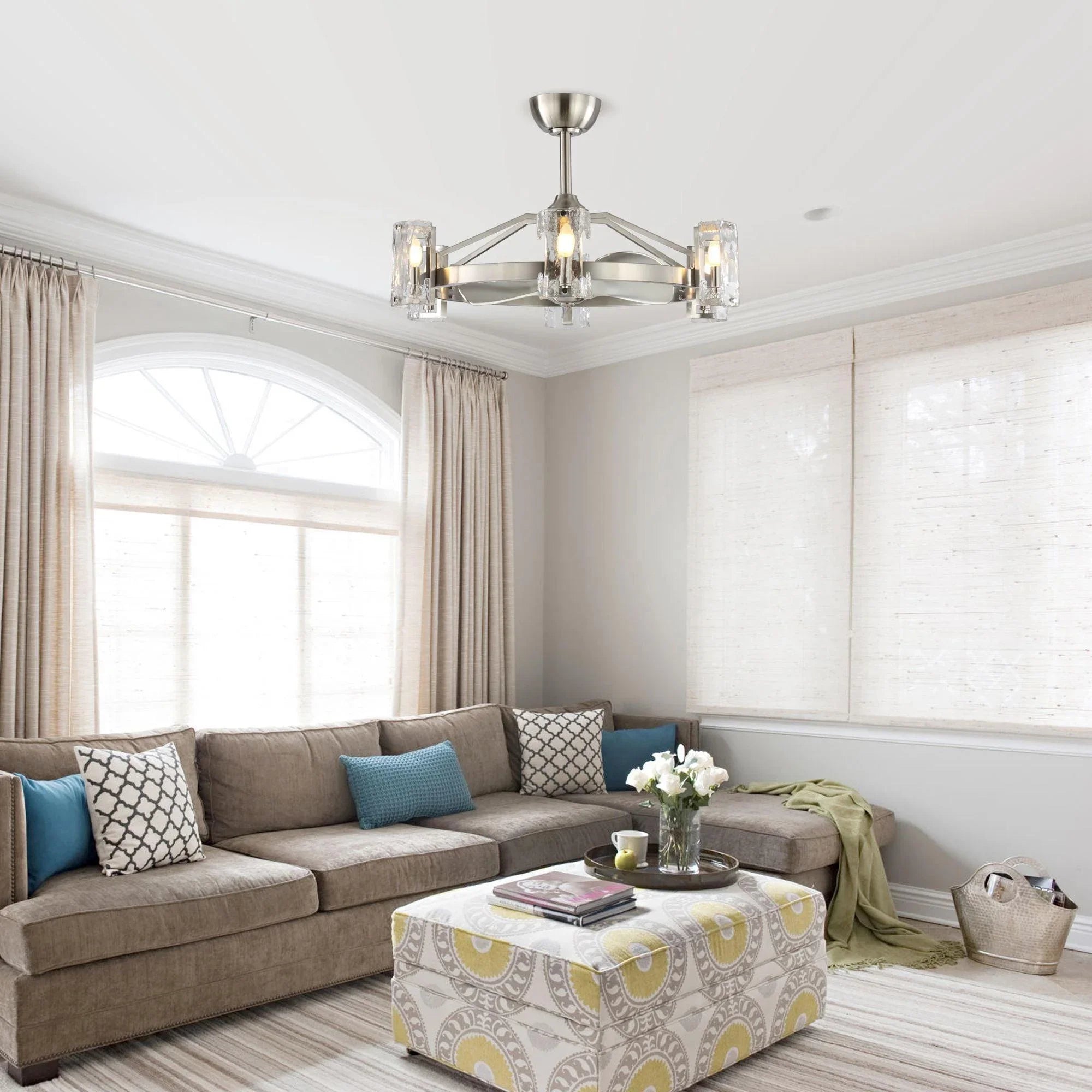 Brushed nickel ceiling fan with clear glass light shades and three blades