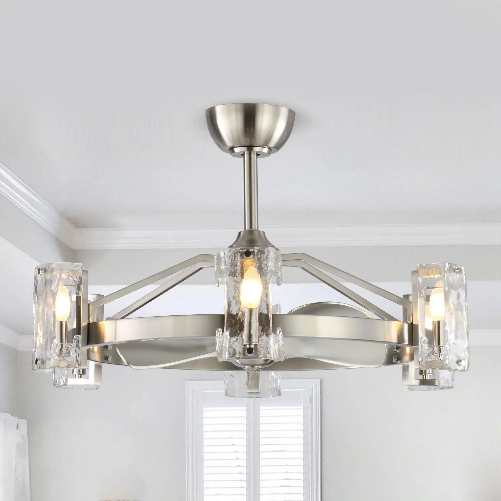 Brushed nickel ceiling fan with clear glass light shades and three curved blades