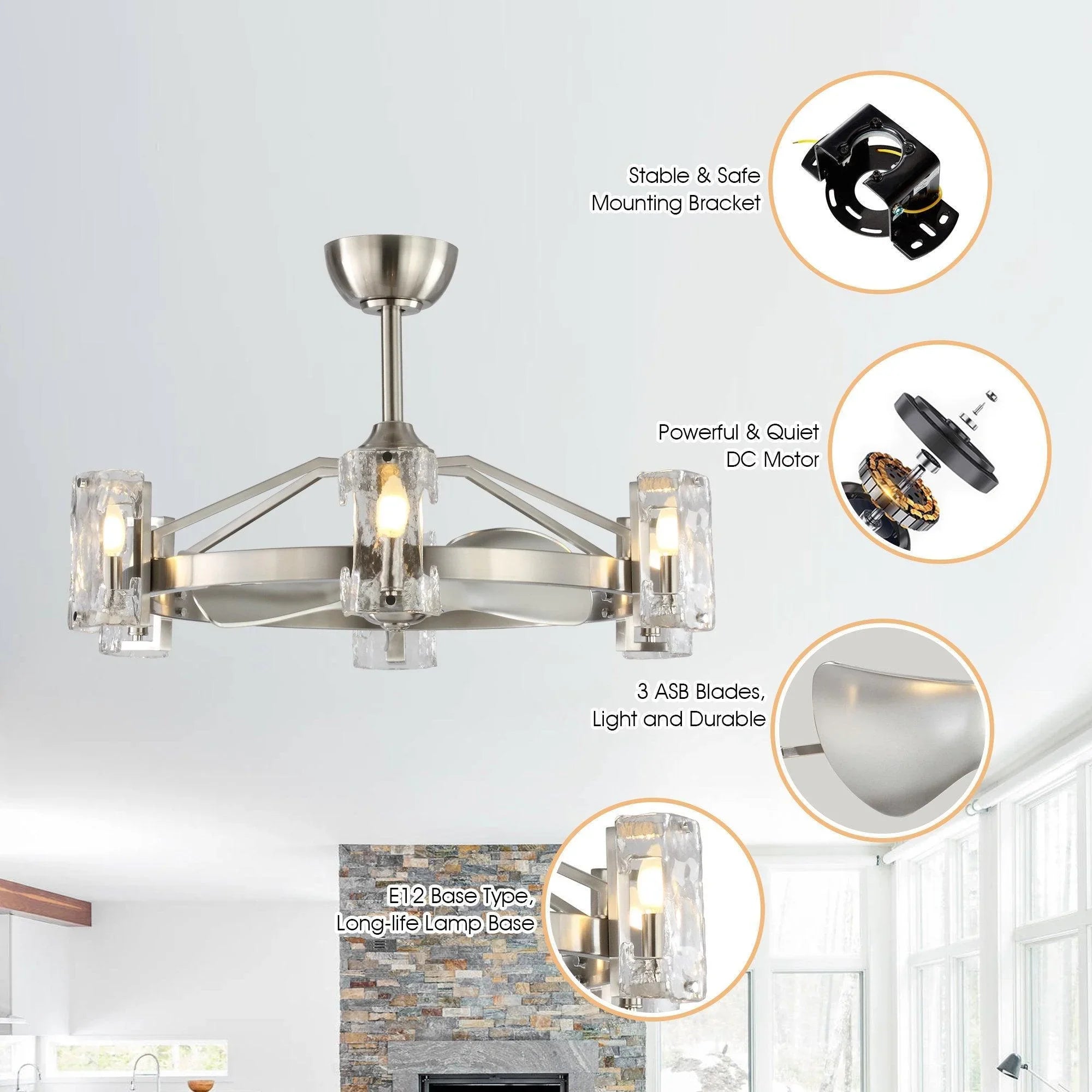 Brushed nickel ceiling fan with clear glass light shades and reversible DC motor