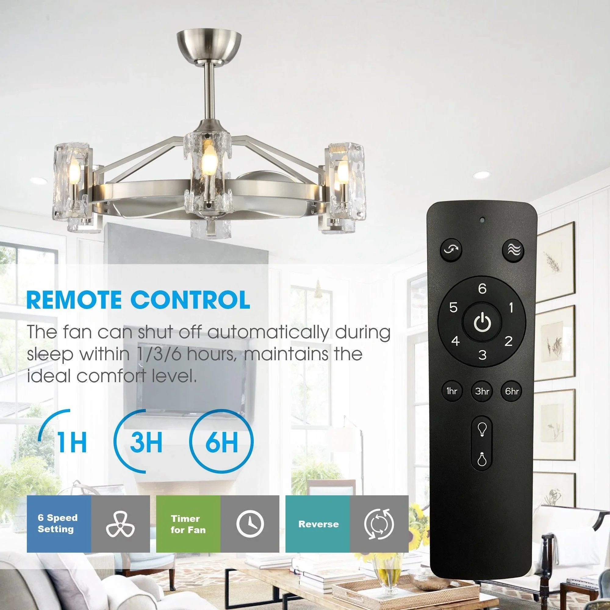 Brushed nickel ceiling fan with remote control and clear glass light shades
