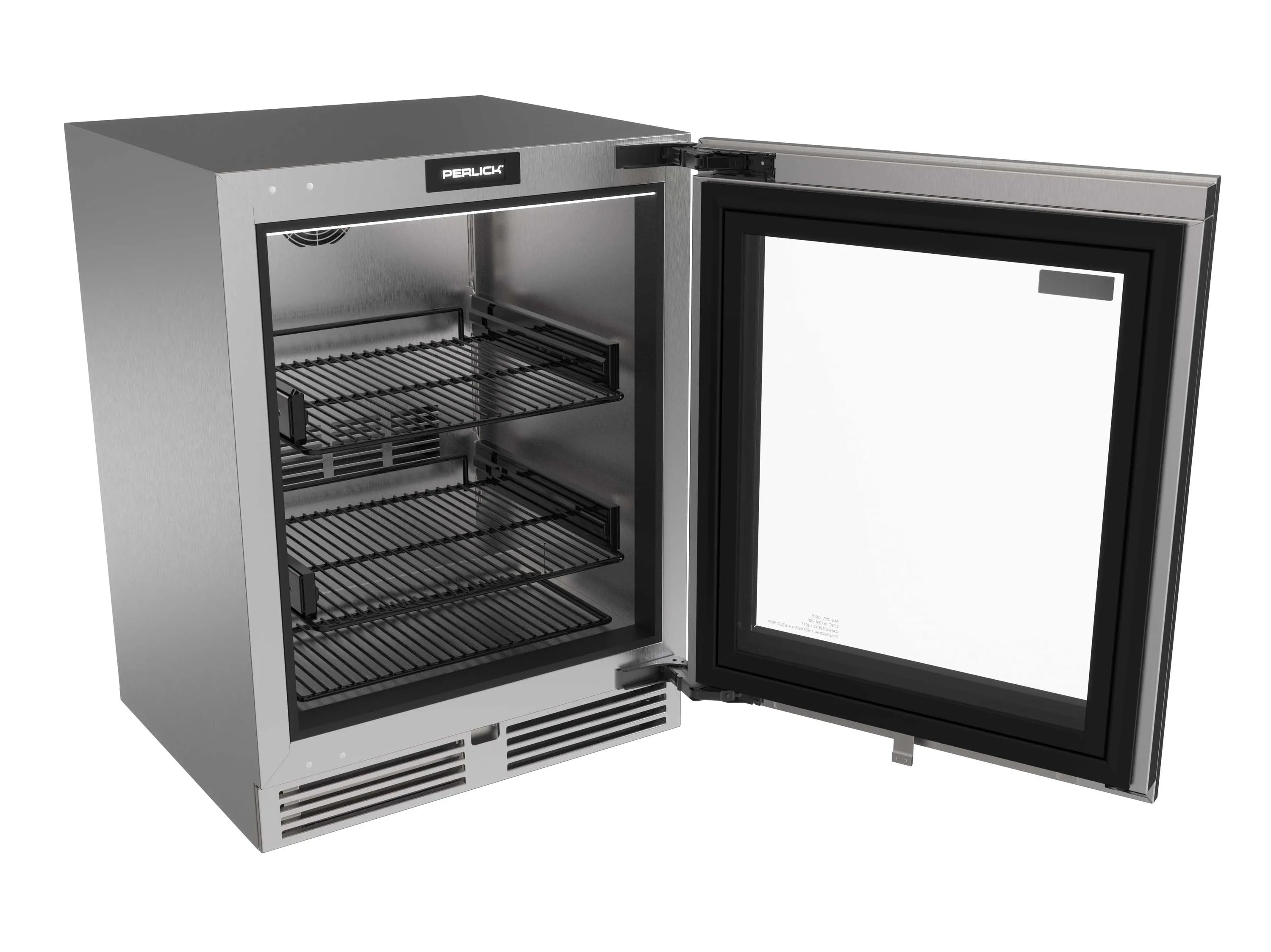 ADA undercounter refrigerator with open door and interior wire shelves, stainless steel