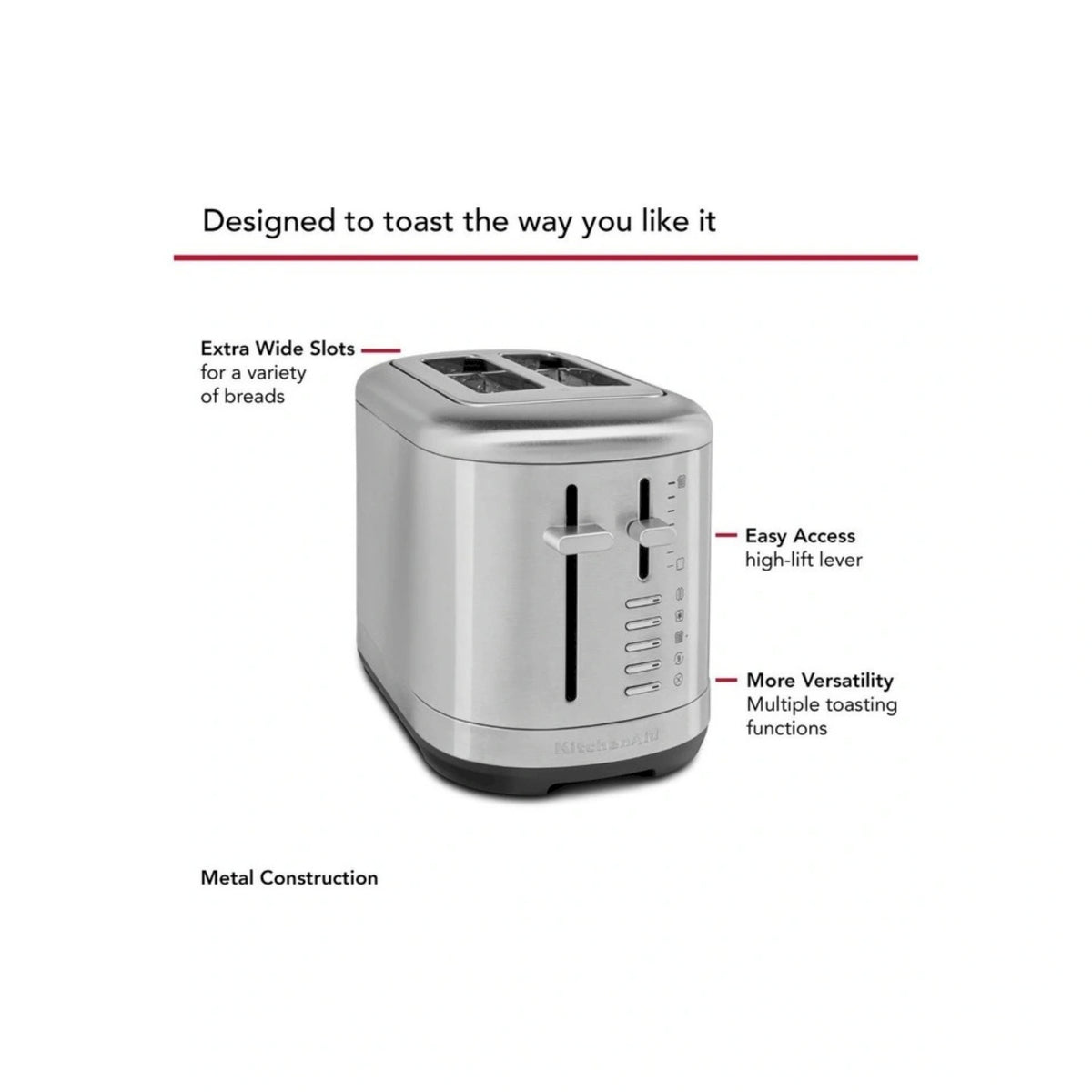 Brushed stainless steel 2-slice toaster with extra-wide slots and high-lift lever