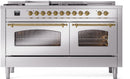 ILVE Nostalgie II 60-Inch Dual Fuel Range with 7 Burners, Griddle, & French Top with Triple Glass Door Oven in Stainless Steel with Brass Trim (UP60FSNMPSSG)