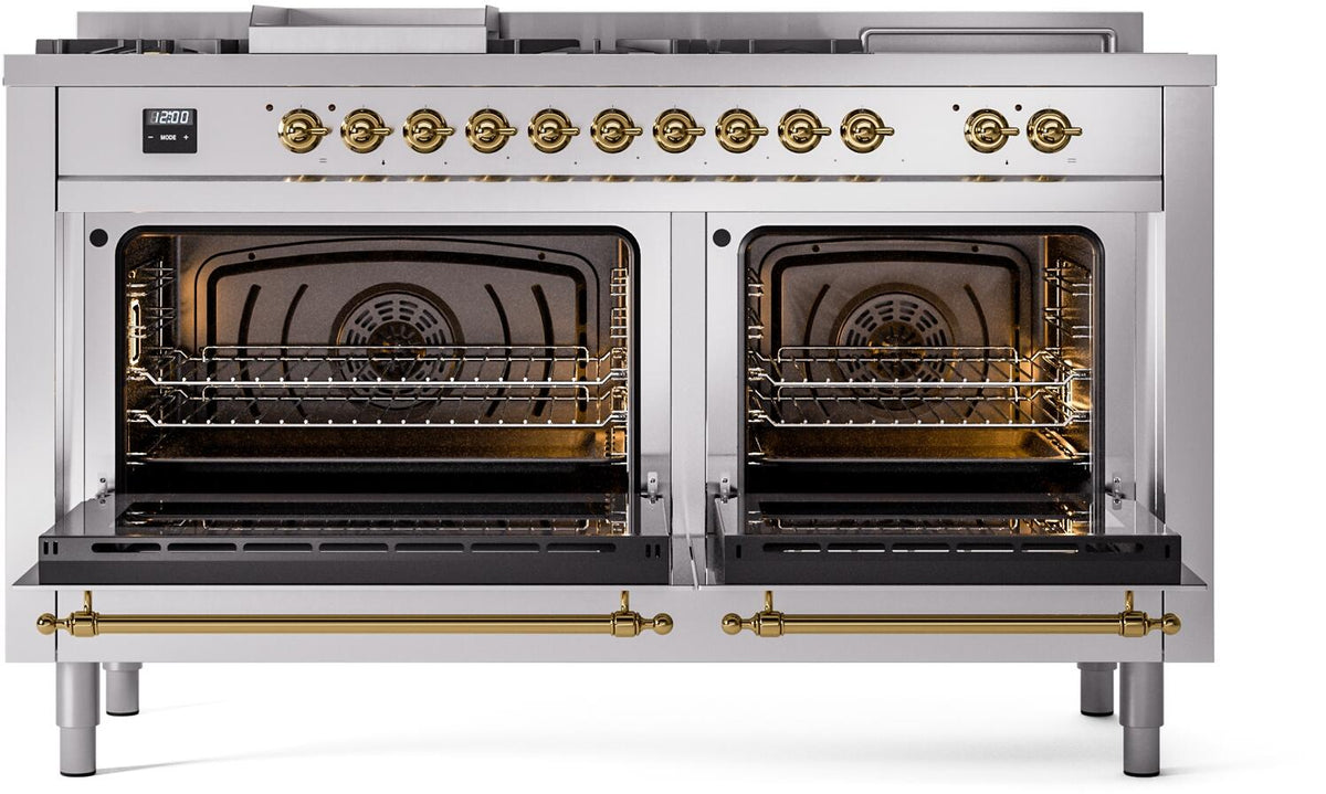 Stainless steel gas dual-fuel range with two open glass oven doors and brass trim