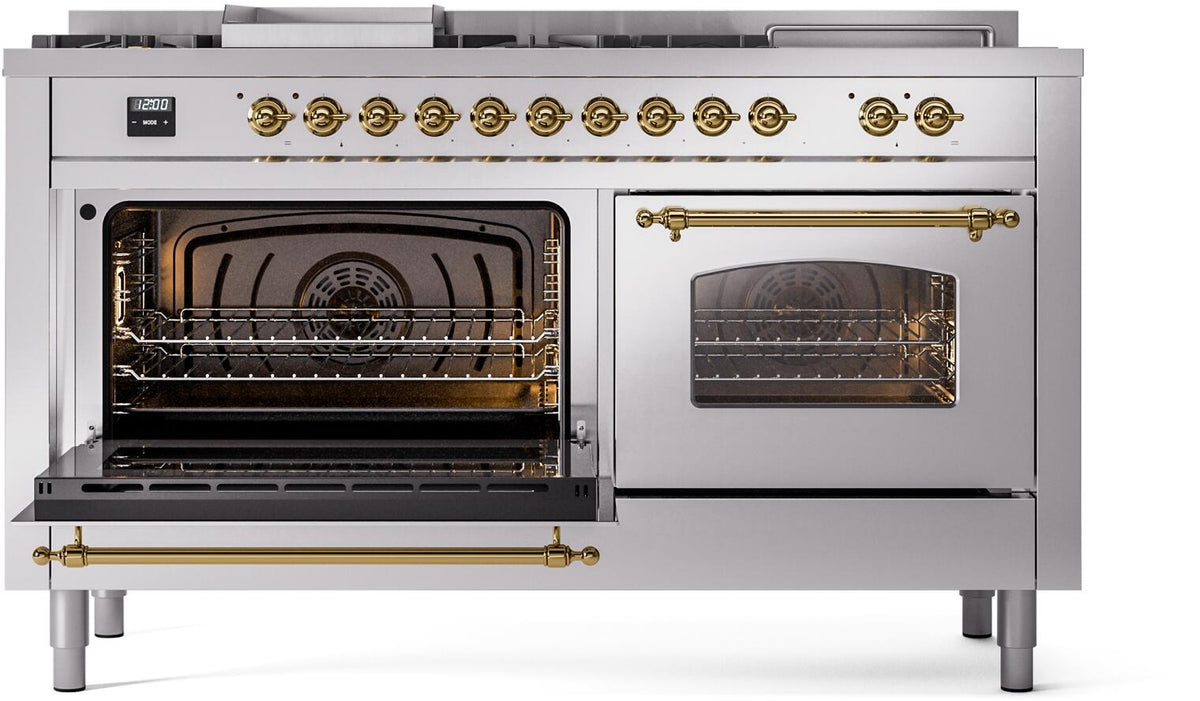 Stainless steel gas dual-fuel range with one open oven and one closed glass door