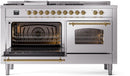 ILVE Nostalgie II 60-Inch Natural Gas Dual Fuel Range with 7 Burners, Griddle, & French Top with Triple Glass Door Oven in Stainless Steel with Brass Trim (UP60FSNMPSSG)
