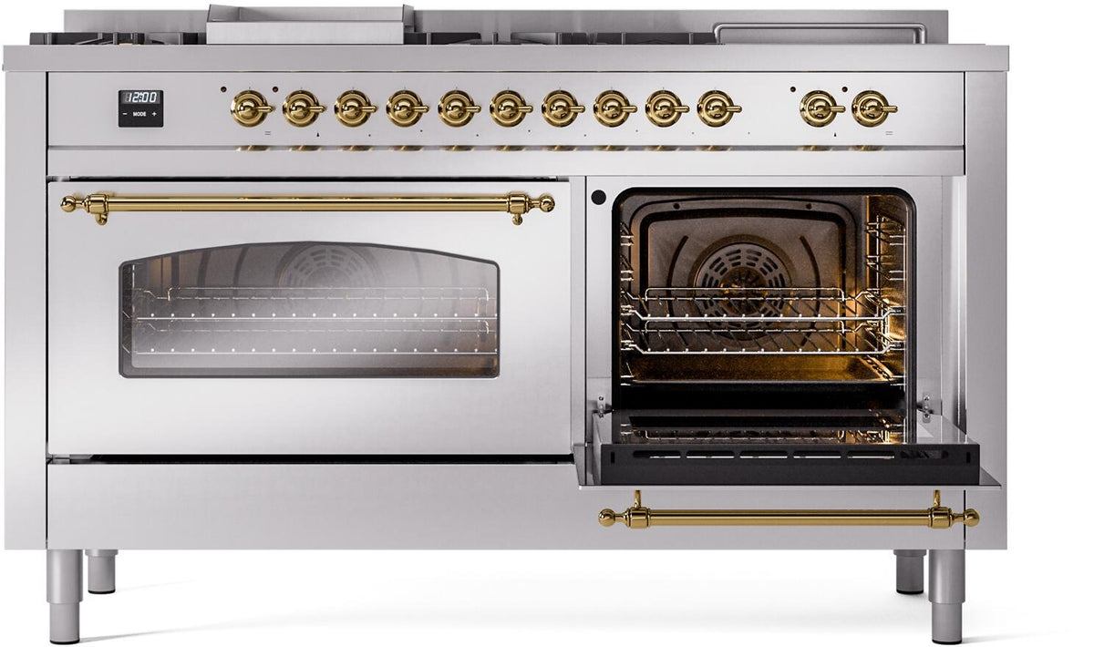 Stainless steel dual-fuel range with one open oven and one closed glass oven window
