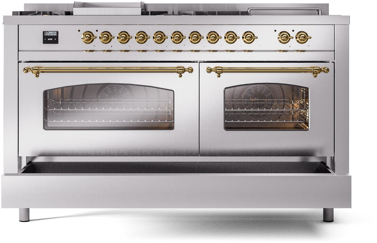 Stainless steel dual-fuel range with two glass oven doors and brass control handles