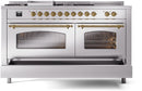 ILVE Nostalgie II 60-Inch Dual Fuel Range with 7 Burners, Griddle, & French Top with Triple Glass Door Oven in Stainless Steel with Brass Trim (UP60FSNMPSSG)