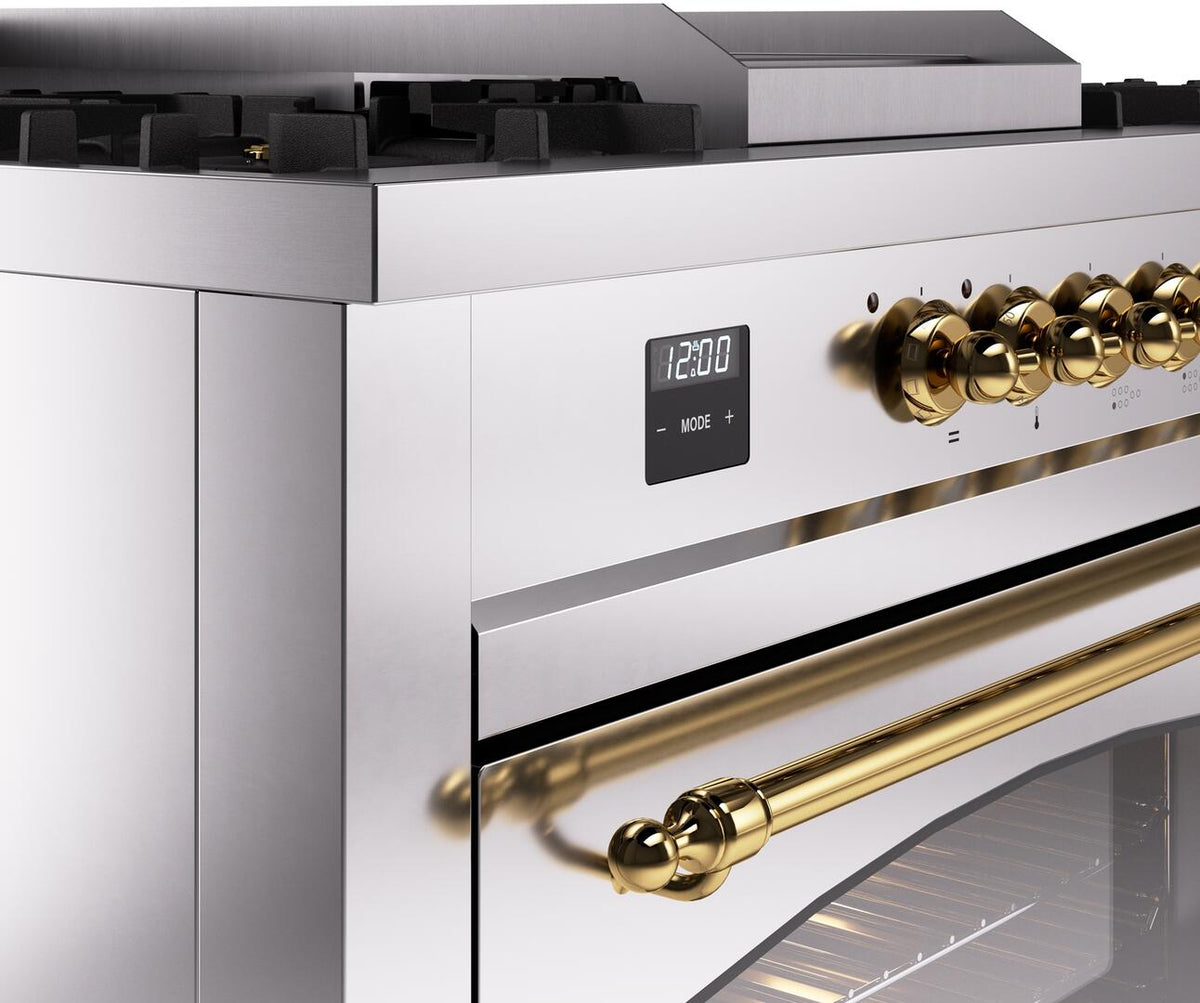 Stainless steel range control panel with brass knobs and digital display